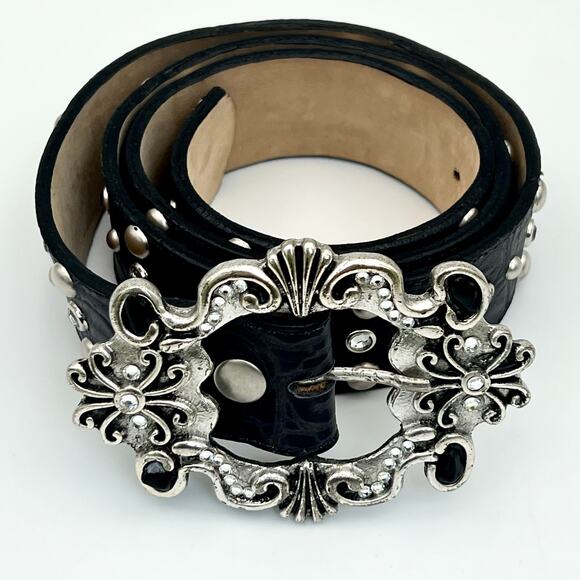 Vintage Leatherock Belt XL Black Leather Rhinestone Studded Western Buckle Y2K